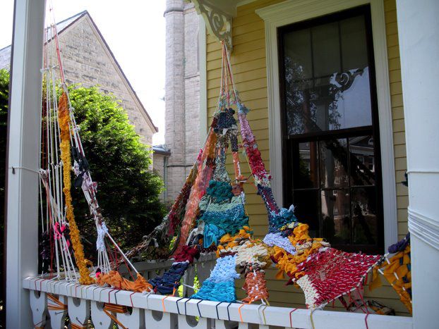"Porch Songs: Into the Shade", 2008Concept: Donated, used, and recycled fabric is woven into the installation that creates fantastical environment. Textiles can reference powerful, personal and collective memories, where they serve as a medium to explore the cycle of creation and exchange.